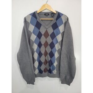 Van Heusen Studio Mens Argyle V Neck Sweater XL Gray Blue Brown‎ Cotton
